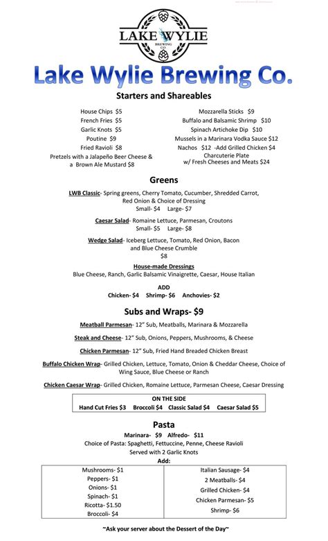 Menu at Lake Wylie Brewing Co. pizzeria, Fort Mill