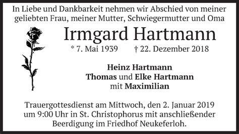 Traueranzeigen Von Irmgard Hartmann Trauer Merkur De