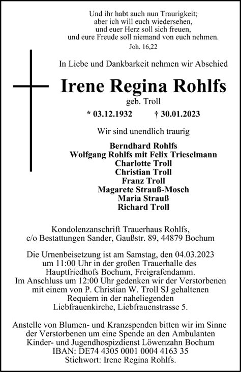 Traueranzeigen Von Irene Regina Rohlfs Trauer In Nrw De