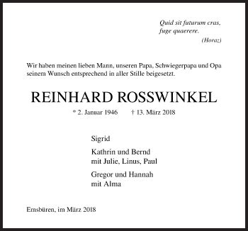 Traueranzeigen Von Reinhard Rosswinkel Noz Trauerportal