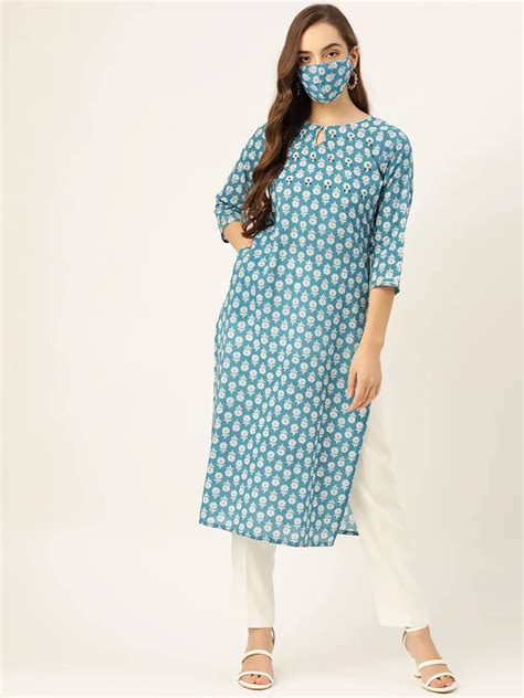 Blue And White Ethnic Motifs Printed Cotton Kurta Ladies Dresses