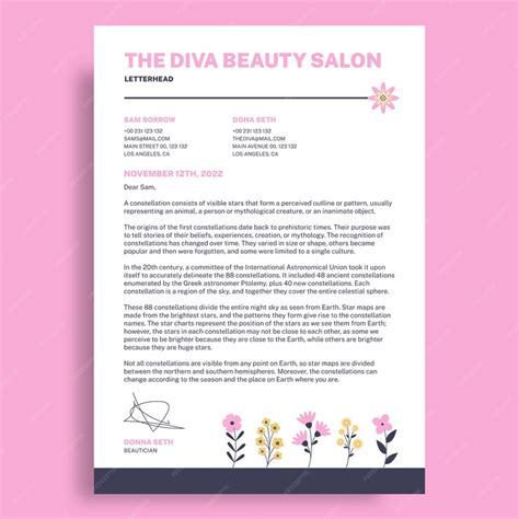 Free Vector Floral Hand Drawn The Diva Beauty Salon Letterhead Template