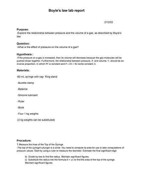 Boyles Law Lab Report 2 12 Purpose Explore The Relationship