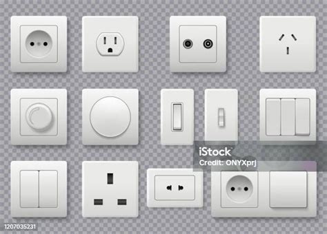 벽 스위치 전원 전기 소켓 다른 현대 라운드 스위치 벡터 현실적인 컬렉션 콘센트에 대한 스톡 벡터 아트 및 기타 이미지