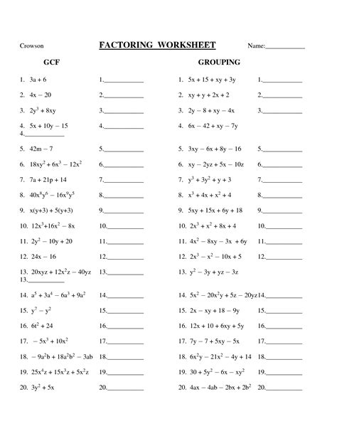 Greatest Common Factor Polynomials Worksheet Printable Word Searches