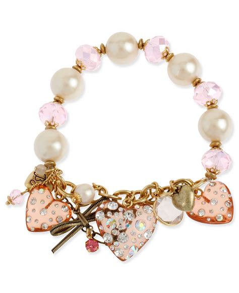 Betsey Johnson Bracelet Gold Tone Pink Crystal Heart Half Stretch