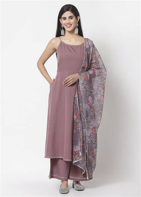 Get Mauve Sleeveless Round Neck Kurta Palazzo And Dupatta Set At