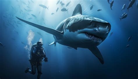 Premium Photo | A diver and a large shark met underwater