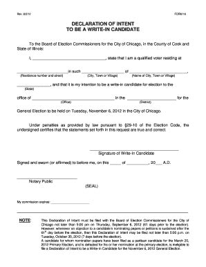 Fillable Online Declaration Of Intent To Be A Write In Candidate