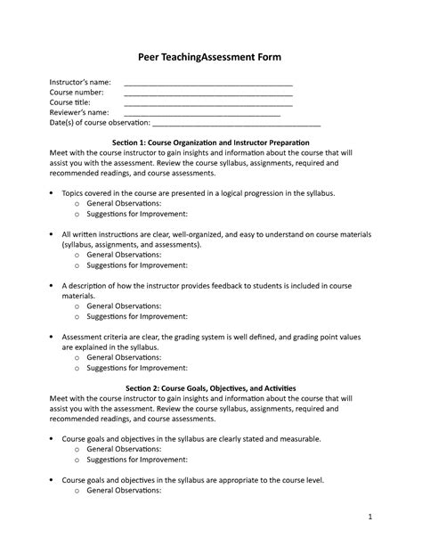 Peer Teaching Assessment Form Appendix Sample Peer Teachingassessment Form Instructor’s Name