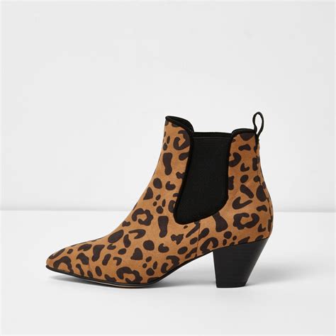 Lyst River Island Beige Leopard Print Western Ankle Boots In Brown