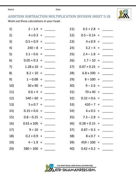 Addition Subtraction Multiplication Division Worksheets