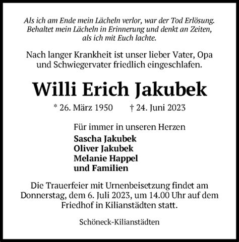 Traueranzeigen Von Willi Erich Jakubek Trauer Op Online De