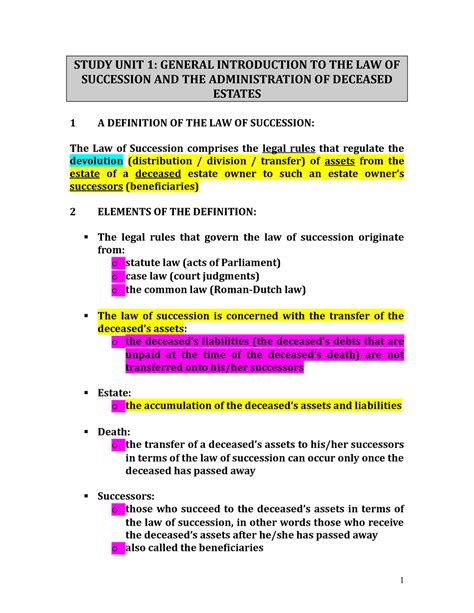 Law Of Succession Study Unit Study Unit General Introduction To