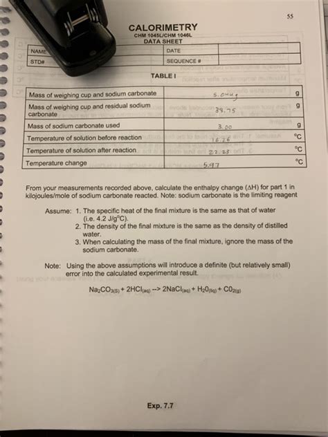 Calorimetry Chm 1045lchm 1046l Data Sheet Name Date