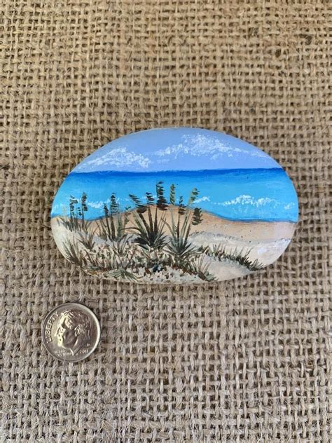 Painted Rock Sand Dune Beach Scene Ocean Waves Hand Painted Beach