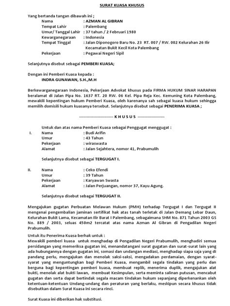 Detail Contoh Surat Kuasa Perbuatan Melawan Hukum Koleksi Nomer