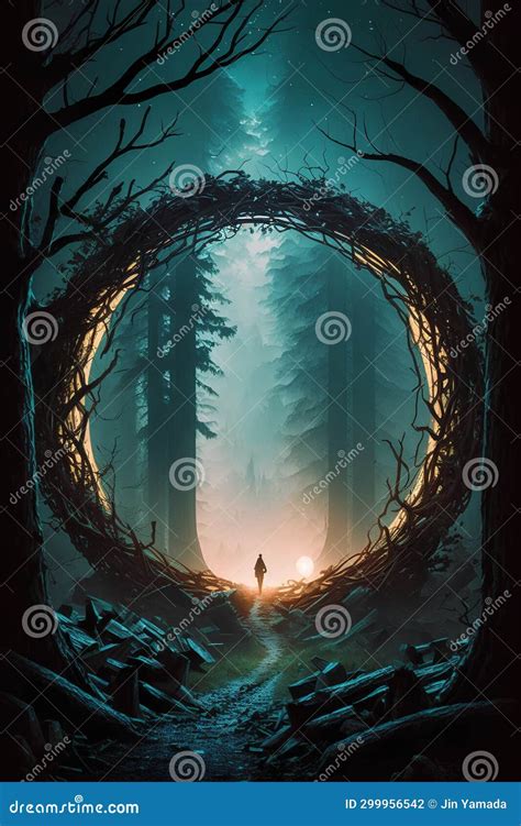 Mysterious Dark Forest With Silhouette Of A Man In The Center Stock