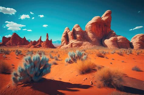 Premium Ai Image Desert With Red Rock Formations And Bright Blue Sky