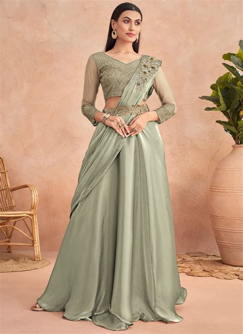 Buy Silk Sea Green Embroidered Lehenga Style Saree Online