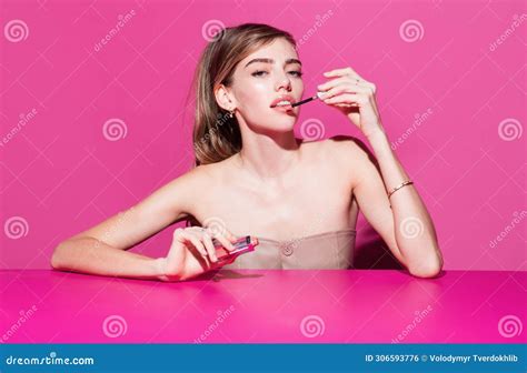 Fashion Model Applies Pink Lipstick On Lips Makeup Applies Cosmetics