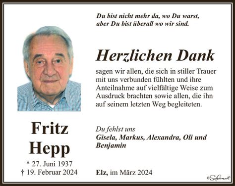 Traueranzeigen Von Fritz Hepp Vrm Trauer De