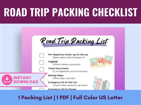 Road Trip Packing List PDF, Printable Road Trip Packing Checklist, Road ...