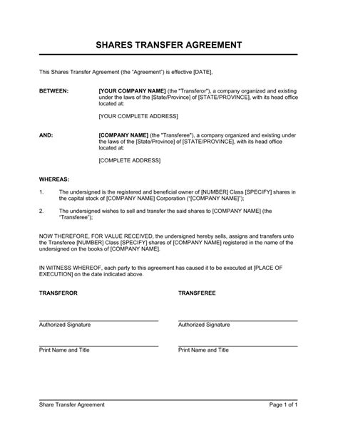 Shares Transfer Agreement Short Template By Business In A Box™