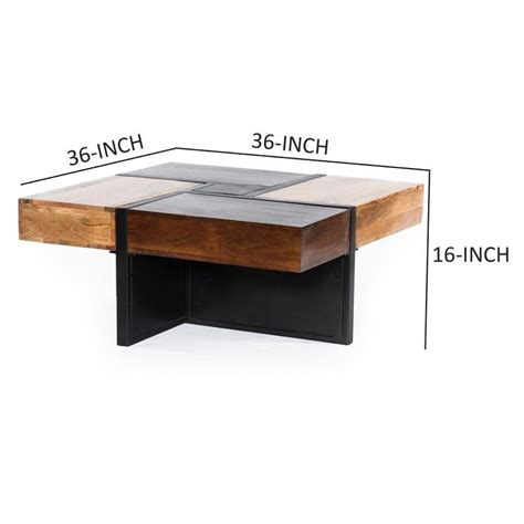 36 Inch Handcrafted Square Mango Wood Coffee Table, Iron Frame, Cherry ...