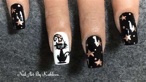 Halloween Black Cat Freehand Nail Art Youtube Cat Nail Art Cat