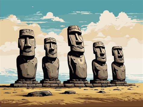 Conjunto De Estatuas Antiguas De La Isla De Pascua Moai En La Isla De