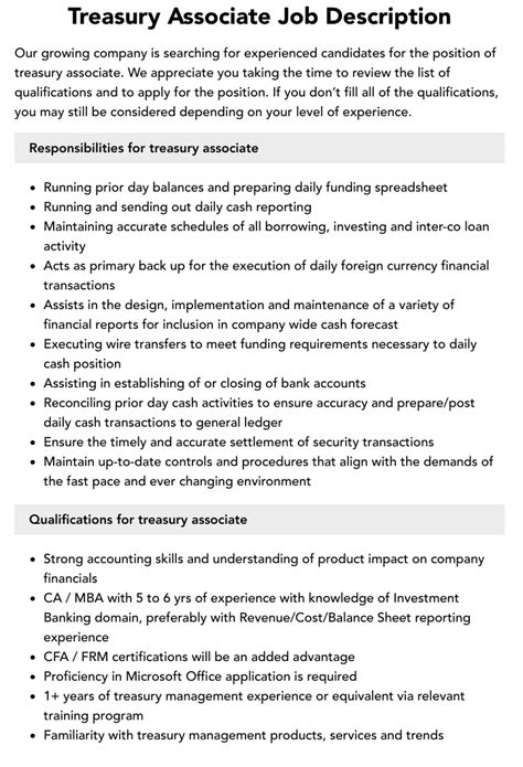 Treasury Associate Job Description Velvet Jobs