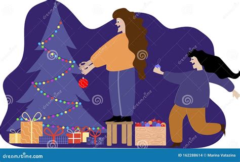 Flat Cartoon Lesbian Couple Standing Near Decorated Christmas Tree And