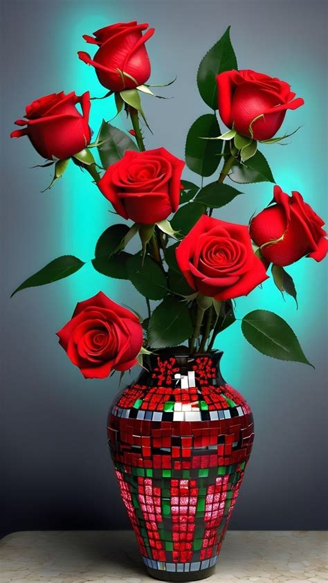 Vase Of Red Roses On Table