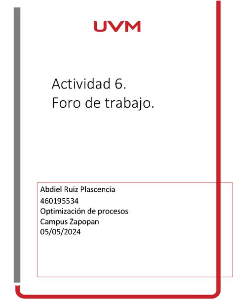 A6 ARP Foro De Trabajo Optimizacion De Procesos Actividad 6 Foro