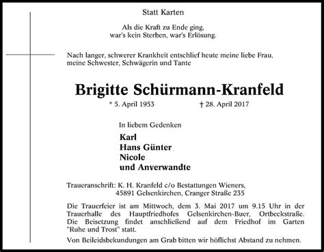 Traueranzeigen von Brigitte Schürmann Kranfeld Trauer in NRW de