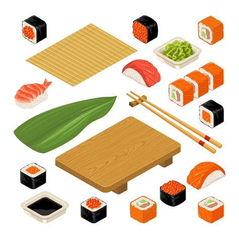 Set Symbol Sushi Nigiri Und Rollen Serviert Mit Bambusmatten