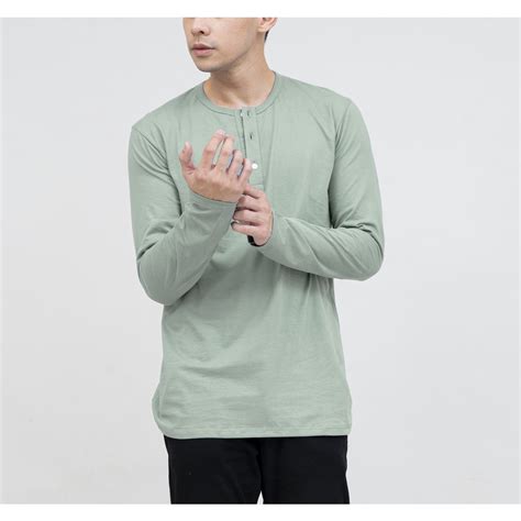 Jual RAVA Baju Kaos Polos Henley Kancing Lengan Panjang SAGE GREEN By