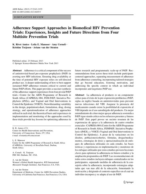 Pdf Adherence Support Approaches In Biomedical Hiv Prevention Trials