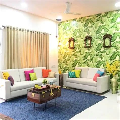 Modern Living Room Design With Green Floral Wallpaper by AM : INTERIORS ...