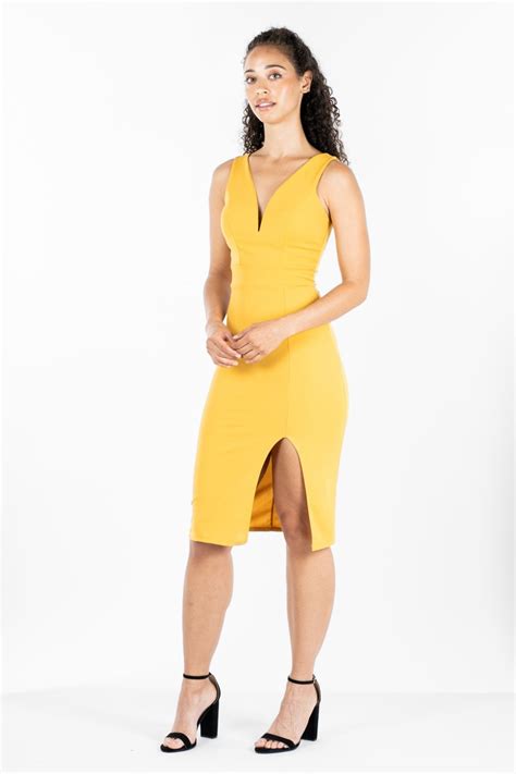 WALG PLUNGE V NECK MIDI DRESS WITH THIGH SLIT WALG DRESS