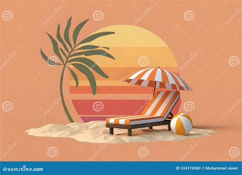 Tropical Getaway Beach Scene With Sun Palm Leaf Sun Lounger And