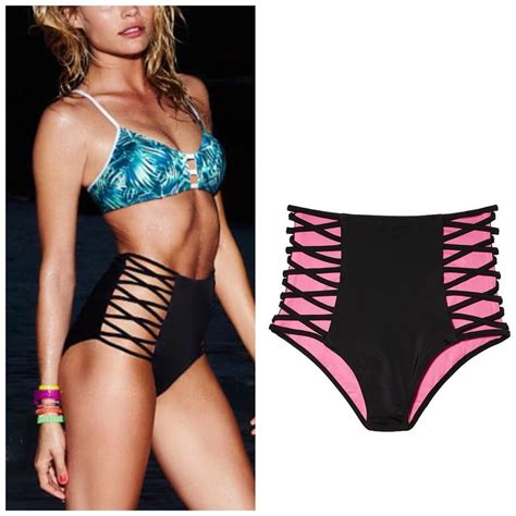 PINK Victorias Secret High Waist Bikini Bottom Swim Black Small New