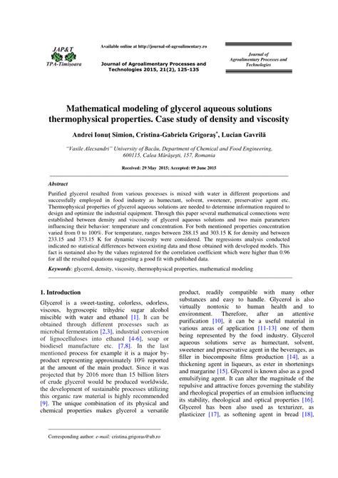 PDF Mathematical Modeling Of Glycerol Aqueous Solutions