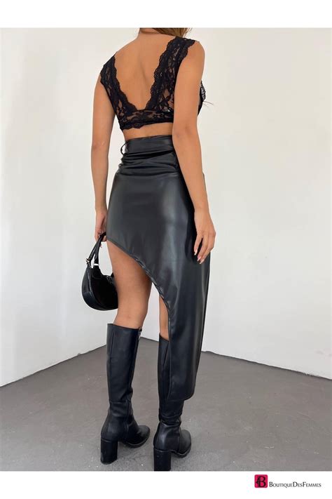 Black Arched High Waist Leather Skirt Boutique Des Femmes