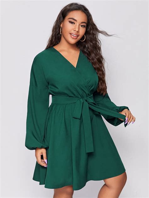 Plus Bishop Sleeve Surplice Belted Dress Shein Usa In Dresses