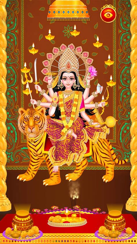 The Hindu Goddess Sitting On Top Of A Tiger In Front Of A Golden Frame