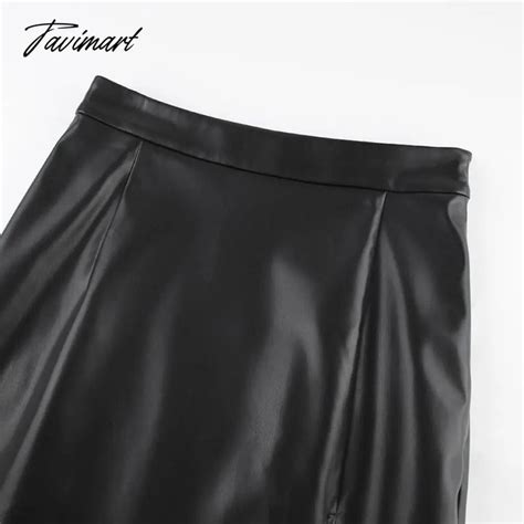 Tavimart Autumn Winter Women Sexy Midi Leather Skirts Solid Black High