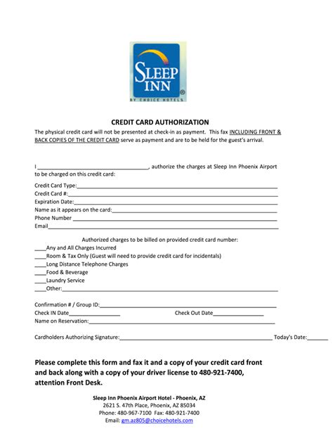 Sleep Inn Credit Card Authorization Fill And Sign Printable Template