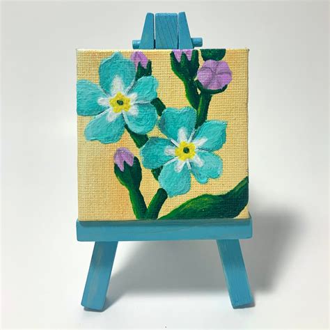 Miniature Acrylic Painting Forget Me Not Stretched Canvas On Wooden Easel Etsy Blue Flower